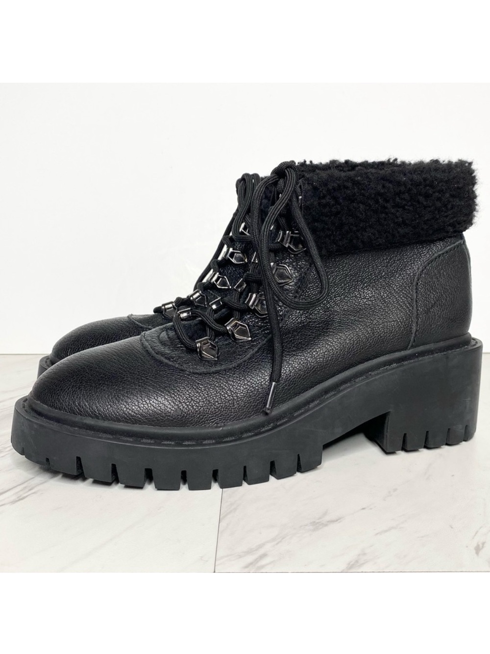 New! Kelsi Dagger Brooklyn Faux Fur Lace Up Black Boot 8